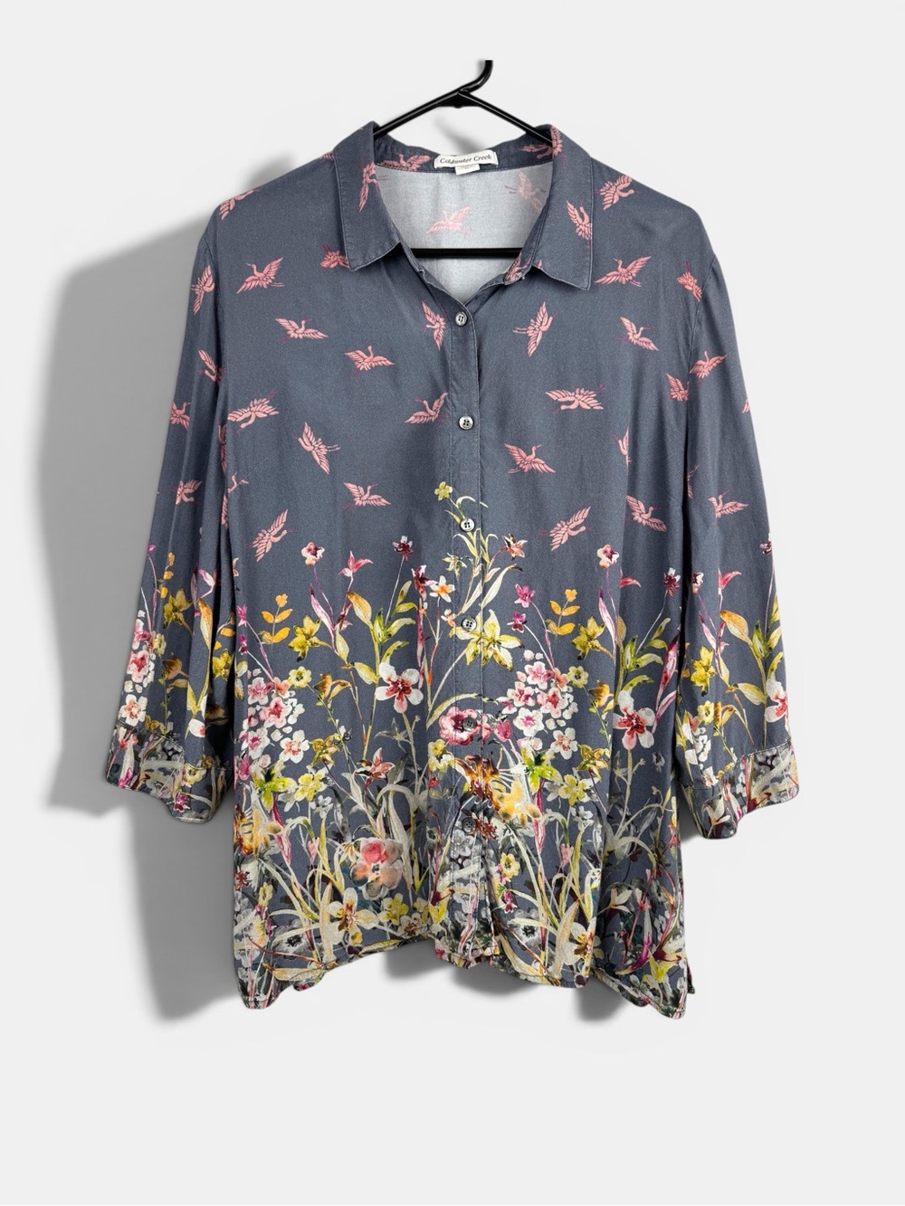 Coldwater Creek Gray Button Up Shirt Pink Cranes & Floral Border Size XL